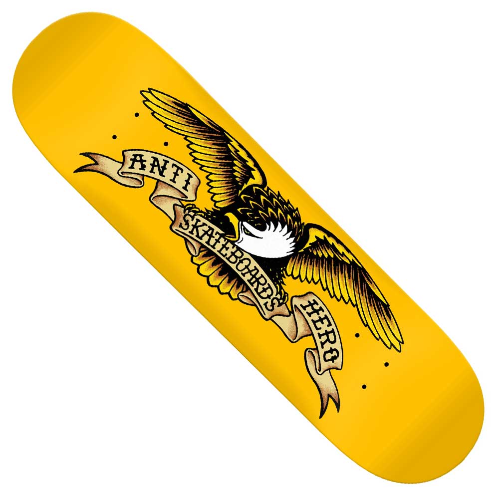 The Eagle 8.25 Yellow DBX Anti Hero Skateboard Deck features a bold illustrated eagle clutching a beige “Anti Skateboard Hero” banner, crafted with durable basalt construction for style and performance.