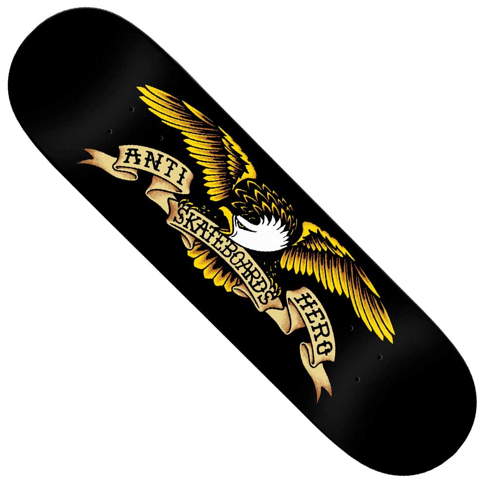 The Eagle 8.5 Black DBX Anti Hero Skateboard Deck features basalt construction and an illustrated yellow and white eagle with outstretched wings holding a tan "ANTI HERO SKATEBOARDS" banner, part of the unique DBX decks collection.
