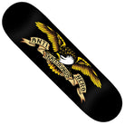 The Eagle 8.5 Black DBX Anti Hero Skateboard Deck features basalt construction and an illustrated yellow and white eagle with outstretched wings holding a tan "ANTI HERO SKATEBOARDS" banner, part of the unique DBX decks collection.