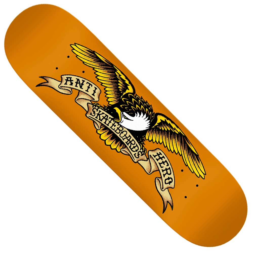 The Eagle 8.75 DBX Anti Hero Skateboard Deck features a vibrant orange finish, a flying eagle graphic with a beige "ANTI HERO SKATEBOARDS" banner, and durable Basalt Construction for long-lasting performance.