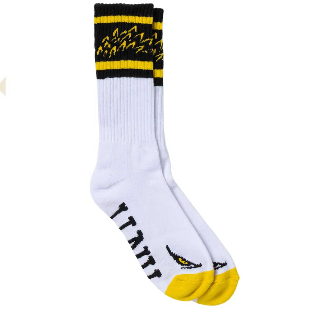 Introducing the Eagle White Black Yellow Anti Hero Skateboards Socks—a pair of white crew socks featuring bold black and yellow designs near the top, yellow toes, black heels, and distinctive stylized eagle eye and claw mark patterns on the feet.