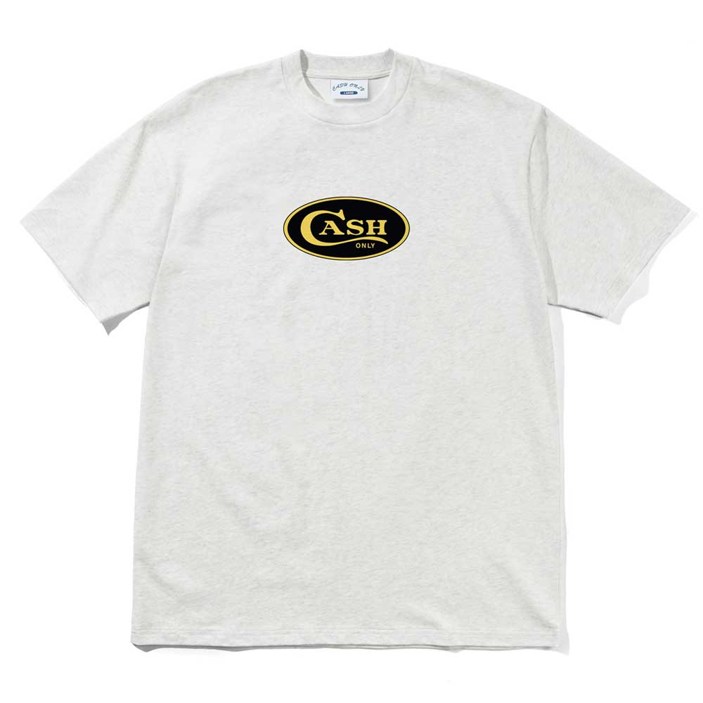 The Emblem Tee Ash Cash Only T-Shirt COD150201 is a heavyweight, light grey cotton tee with a bold black and yellow oval "CASH ONLY" logo in the center.