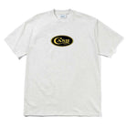 The Emblem Tee Ash Cash Only T-Shirt COD150201 is a heavyweight, light grey cotton tee with a bold black and yellow oval "CASH ONLY" logo in the center.