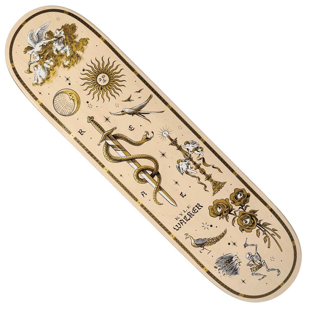 The Engraved Kyle 8.38 Real Skateboard Deck features vintage-style engraved art—angels, sun, roses, a sword-wrapped snake, stars, peacock, skeleton, and celestial symbols—in bold black and gold tones.