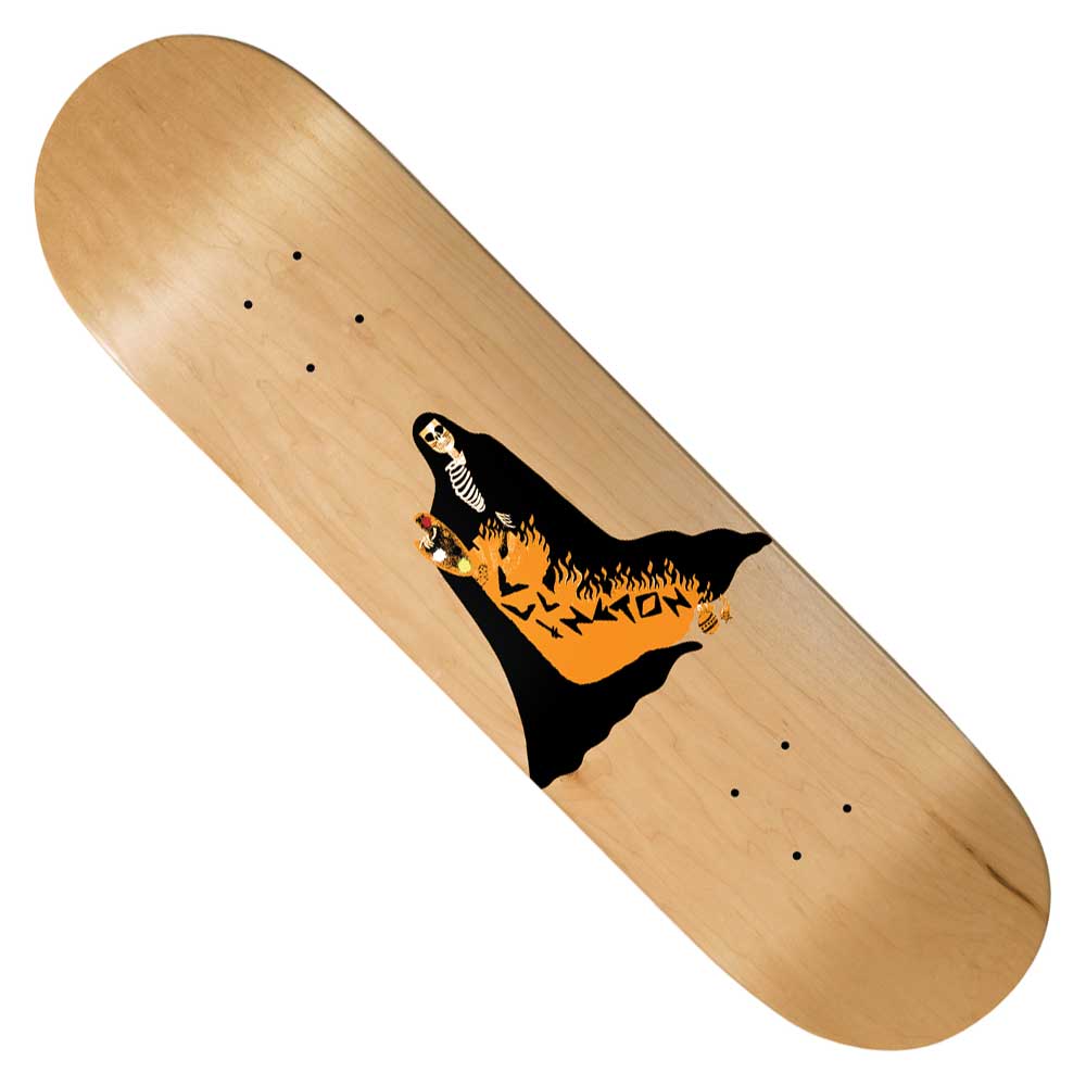 Introducing the Erik Ellington Artist 8.38 Deathwish Skateboards Deck: a wooden skateboard deck that showcases striking artwork of a skeleton in a black cloak holding a candle, looming over vivid orange flames with “Lynxon” inscribed in black on the fire. Drawing inspiration from the bold and iconic style of Erik Ellington and classic Deathwish graphics, this deck is perfect for riders who appreciate edgy, attention-grabbing designs.