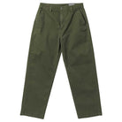 The Eternal Pant Olive Spitfire Wheels features a straight-leg design, side pockets, belt loops, and a button closure at the waist, shown on a plain white background.