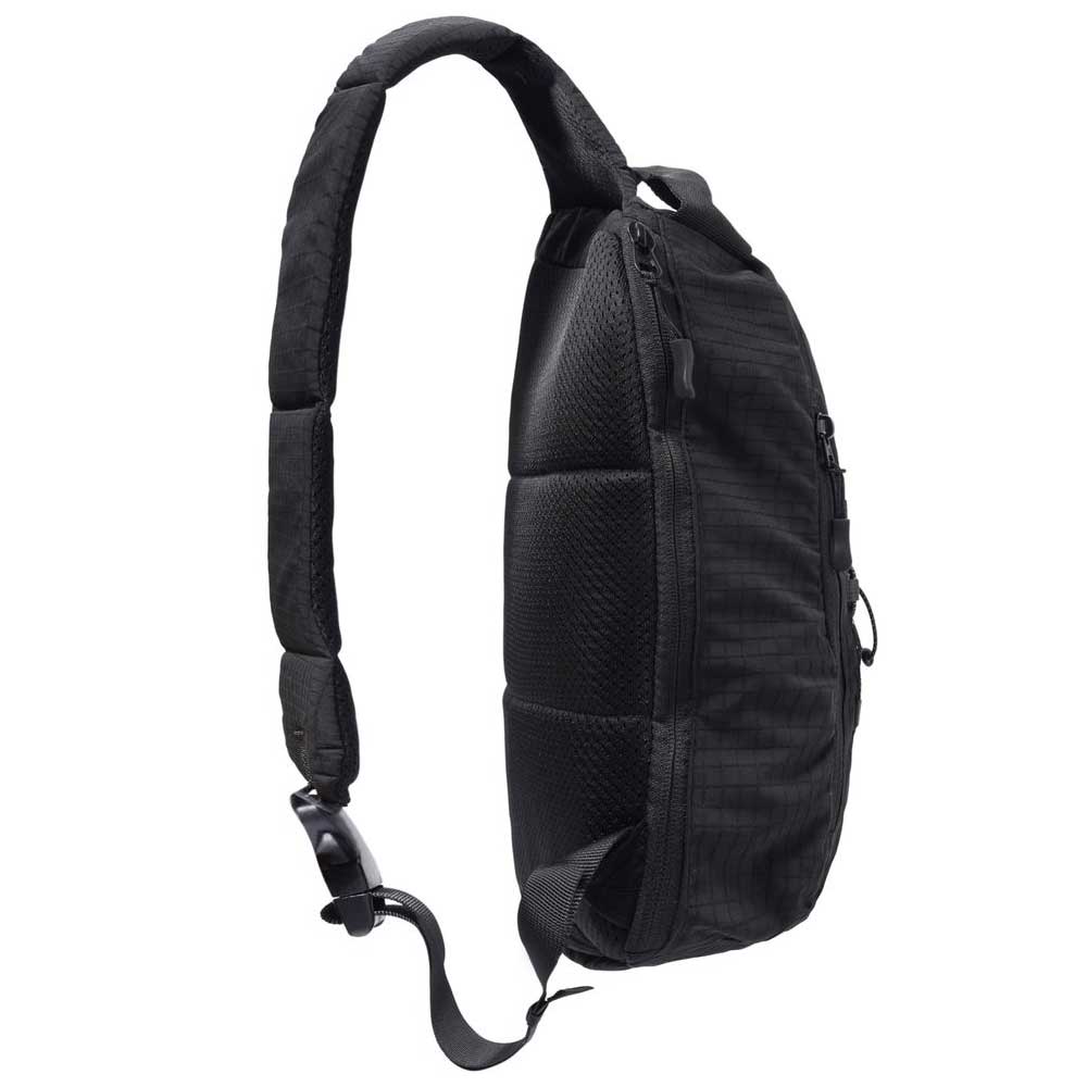 The Express Shoulder Bag Black by Butter Goods features padded, textured fabric, a single adjustable shoulder strap, and a side zipper pocket. It's shown angled to highlight the back and strap design.