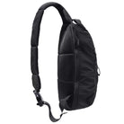 The Express Shoulder Bag Black by Butter Goods features padded, textured fabric, a single adjustable shoulder strap, and a side zipper pocket. It's shown angled to highlight the back and strap design.