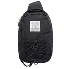 The Express Shoulder Bag Black Butter Goods features a sleek black design, top handle, front zipper pocket, crisscrossed elastic cord, and a gray patch with globe and "Butter Goods All Terrain Equipment" text—ideal for stylish versatility.