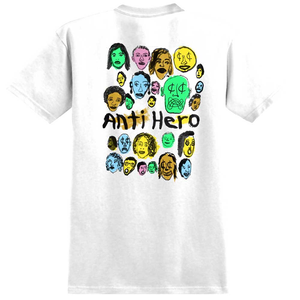 The Expressions Bongo White Tee Anti Hero Skateboards T-Shirt showcases colorful, hand-drawn faces and “Anti Hero” in bold black on the back, paying tribute to Anti Hero Skateboards with a premium print finish.