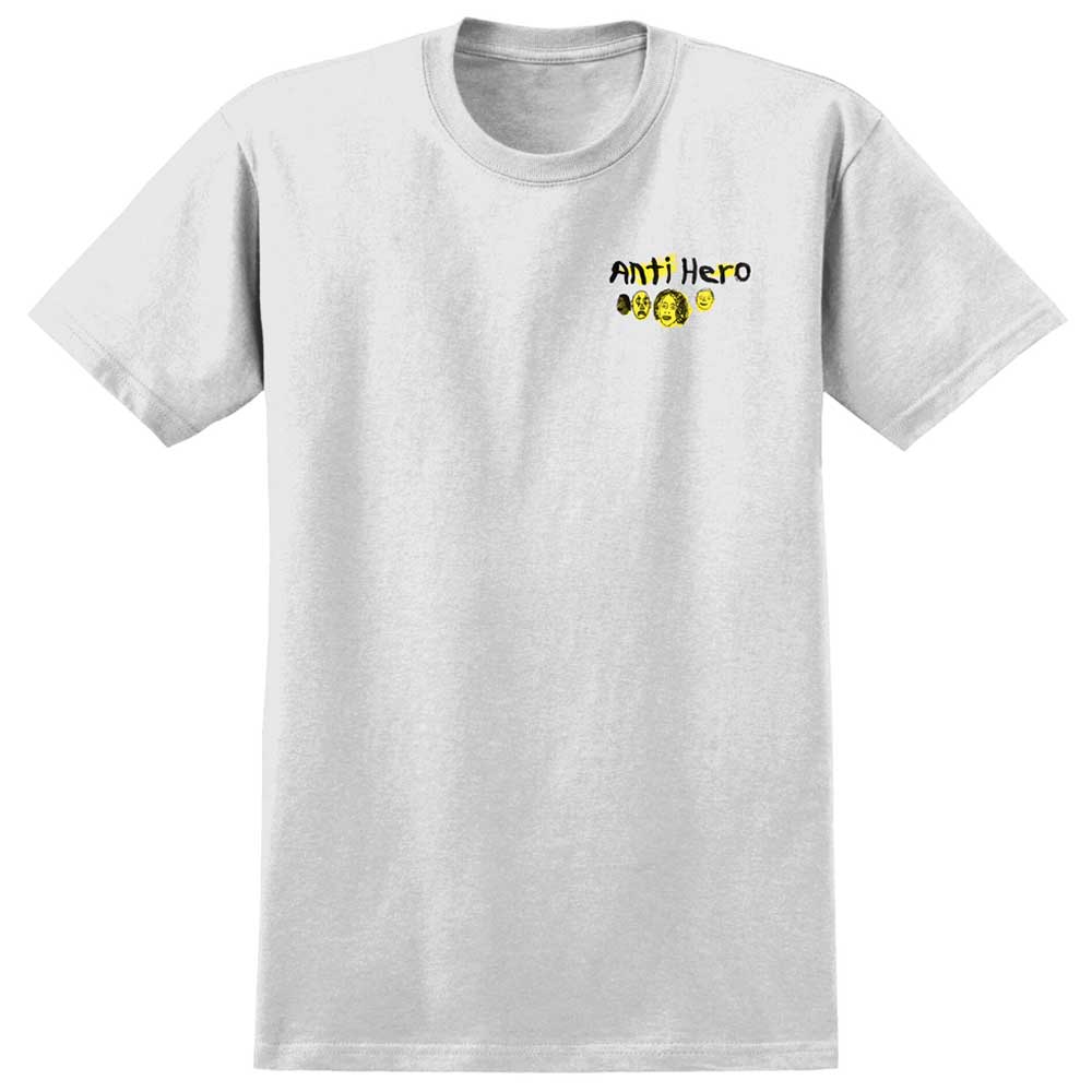 The Expressions Bongo White Tee Anti Hero Skateboards T-Shirt features a premium "Anti Hero" print with three yellow smiley faces on light gray, offering a stylish upgrade for fans beyond the classic white tee.