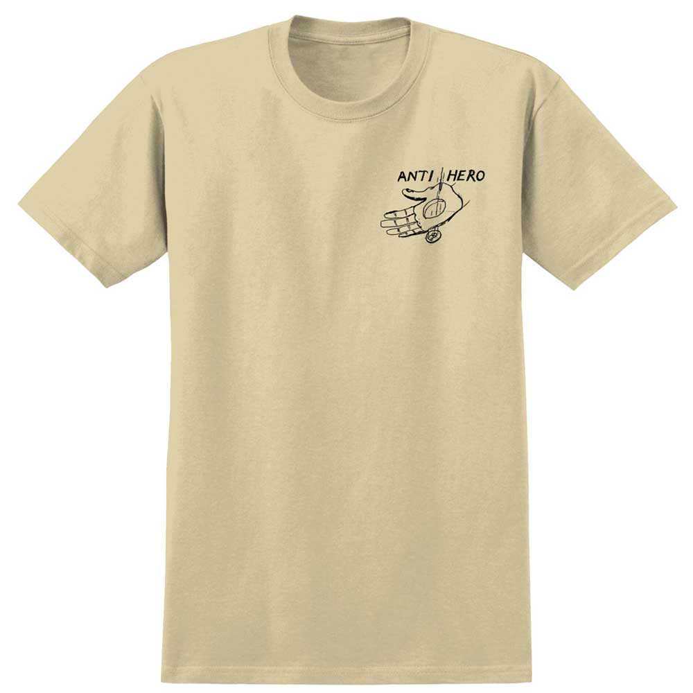 The Expressions Hand Heather Cream Tee by Anti Hero Skateboards features a small black hand holding a skateboard and "ANTI HERO" above the left chest graphic—a classic look from Anti Hero Skateboards.