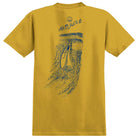 The Expressions Sun Heather Mustard Tee by Anti Hero Skateboards is a yellow short-sleeve shirt with a blue banana peel sketch, "ANTI HERO" text, and a smiley face above the sun-inspired design on the back.