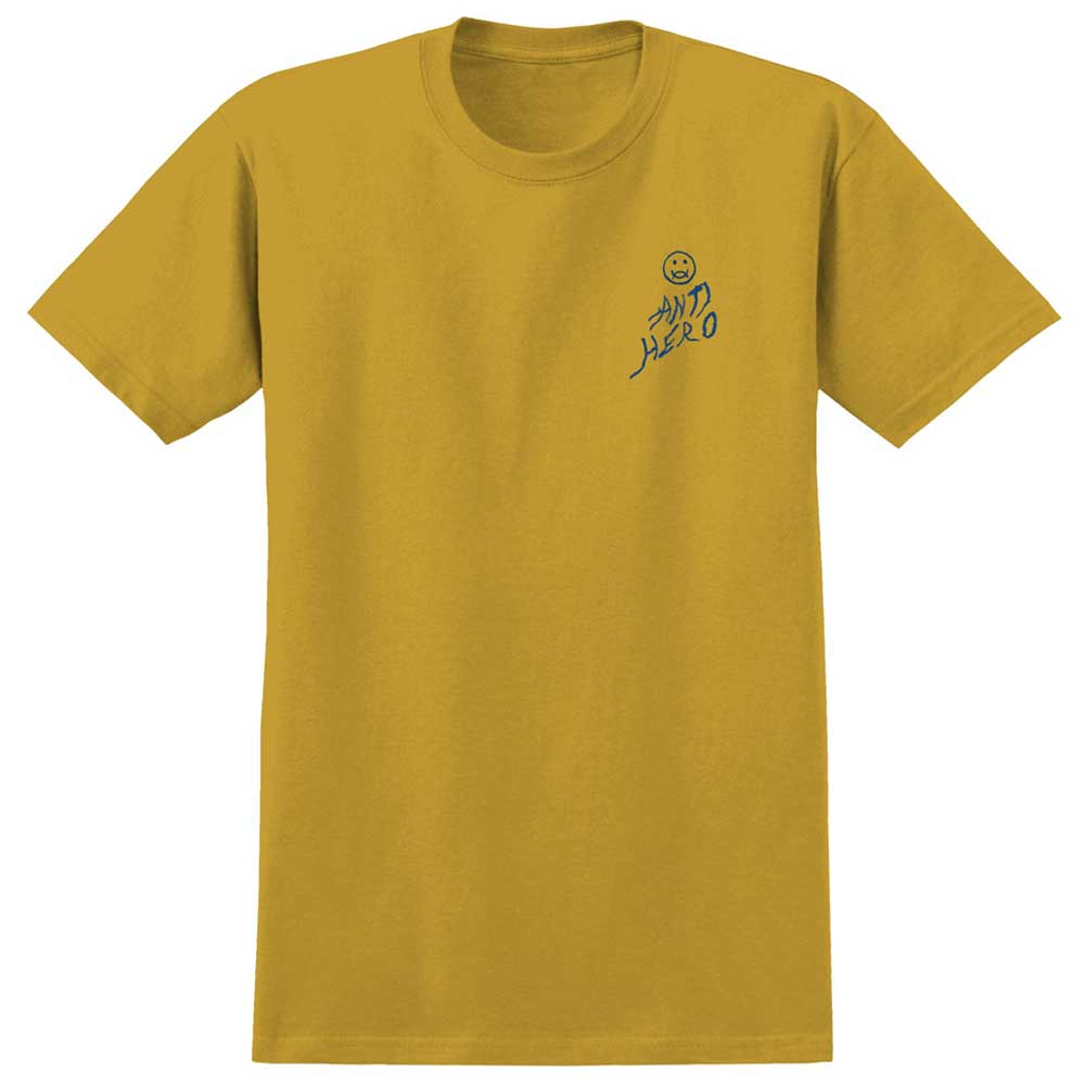 The Expressions Sun Heather Mustard Tee by Anti Hero Skateboards is a short-sleeve mustard yellow t-shirt with a small black smiley face and handwritten "ANTI HERO" text on the left chest.