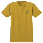 The Expressions Sun Heather Mustard Tee by Anti Hero Skateboards is a short-sleeve mustard yellow t-shirt with a small black smiley face and handwritten "ANTI HERO" text on the left chest.