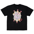 The Eye Tee by Ema Gaspar for April Skateboards is a black heavyweight 100% cotton t-shirt with a colorful surreal print: a crescent moon and eye in the center, swirling patterns, pink stars, and “April” in pink script. Garment dyed for softness.