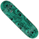 The Eyegore Prismatic Feel Base 8in x 30.5in Santa Cruz Skateboard Deck features a bold green background with a dotted texture and a repeating pattern of cartoon, one-eyed monster creatures in dynamic poses.