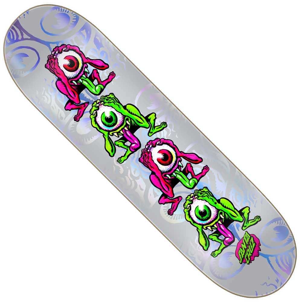 The Eyegore Prismatic Feel Base 8in x 30.5in Santa Cruz Skateboard Deck showcases colorful, cartoonish pink and green one-eyed monsters with arms and legs in two rows on a silver swirling background.