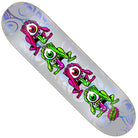 The Eyegore Prismatic Feel Base 8in x 30.5in Santa Cruz Skateboard Deck showcases colorful, cartoonish pink and green one-eyed monsters with arms and legs in two rows on a silver swirling background.
