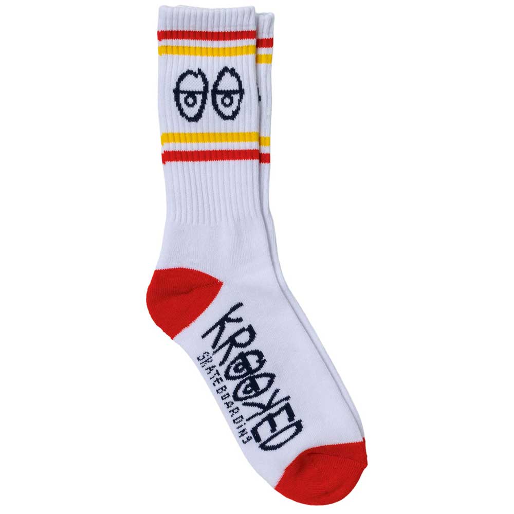 The Eyes White Navy Yellow Krooked Skateboards Socks feature a white base with red and yellow stripes, cartoon eyes near the top, red toe and heel accents, and black Krooked Skateboards text on the side—perfect for fans seeking classic style.