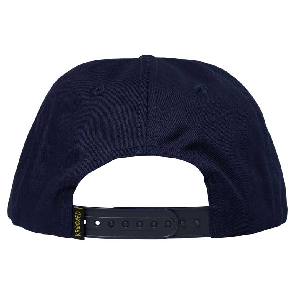 The image shows the back view of the Eyes Navy Blue Snapback by Krooked Skateboards, featuring an adjustable black snapback closure and a small yellow tag on the left side.