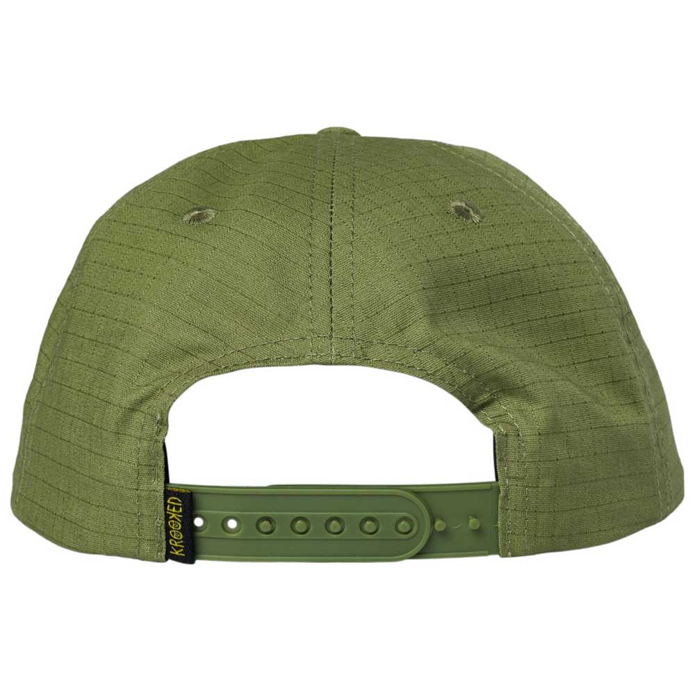 Back view of the Eyes Ripstop Olive Krooked Skateboards Adjustable Snapback Hat, showcasing a plastic adjustable strap and a small black and yellow tag on the left side.