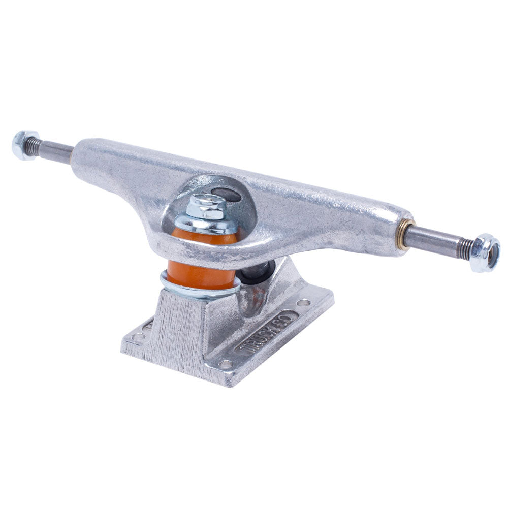 A FA x INDY 169 Hollow Polished Burnt Logo Stage 11 skateboard truck, featuring orange bushings, is shown from the front angle on a white background.