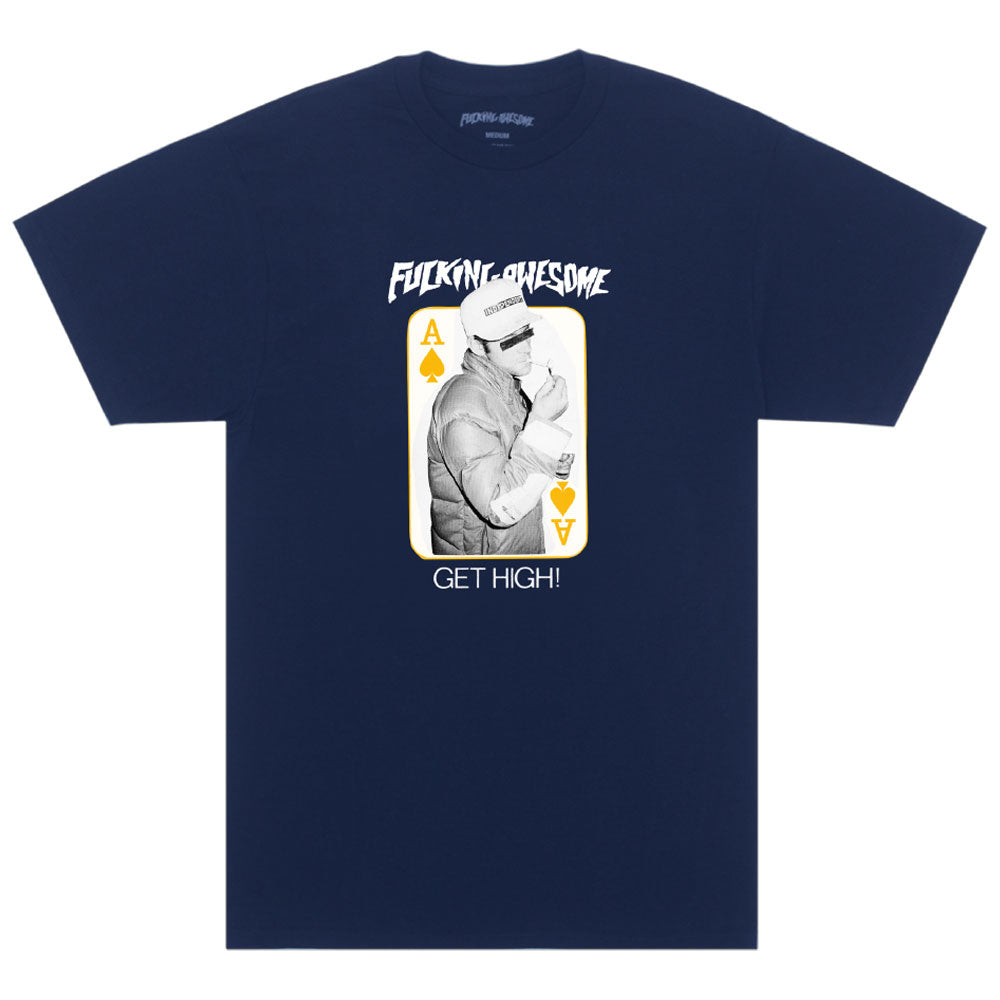 Shop the FA x Indy Independent Get High Navy Tee, featuring a playing card graphic with a black-and-white photo of a person, "Fucking Awesome" text above, and "Get High!" text below. Part of the exclusive FA x Independent collaboration.