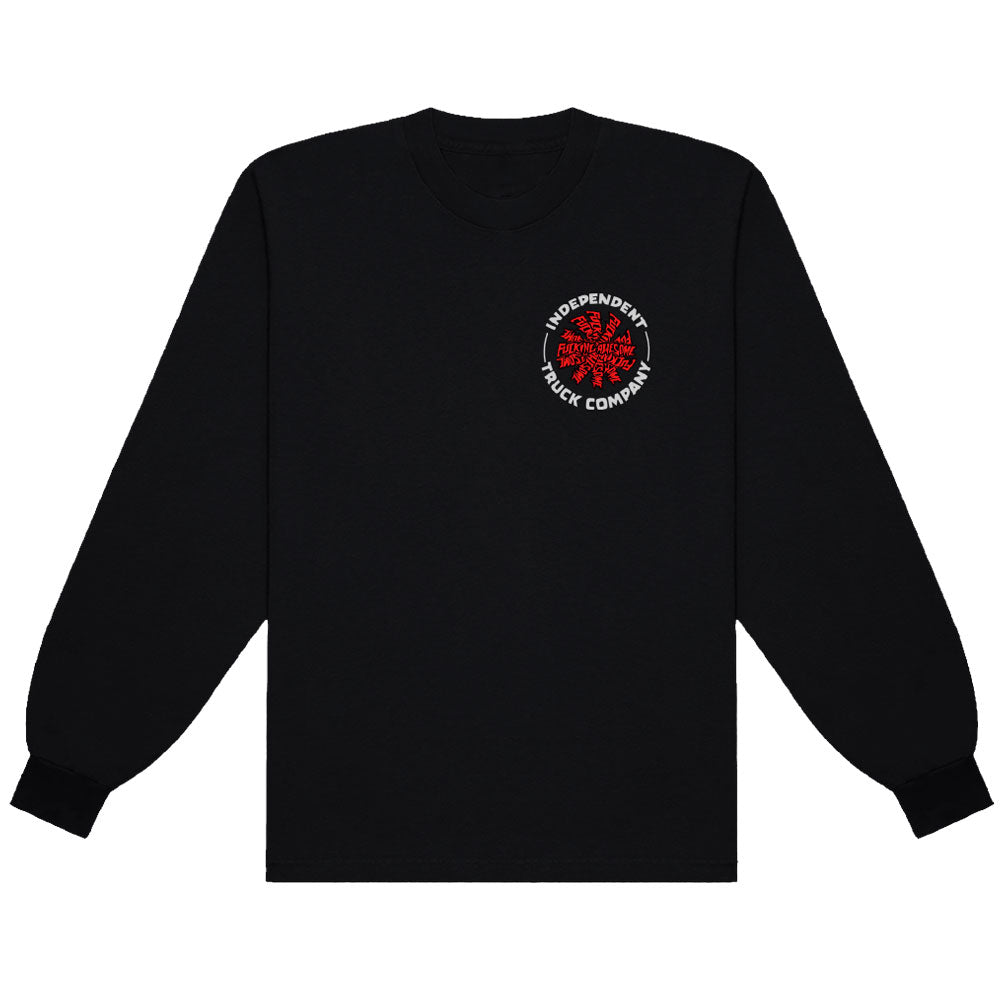 The FA x Indy Independent Hostage Black Longsleeve Tee features a small red and white Independent Truck Company logo with a cross graphic on the left chest—a signature detail from the standout FA x Indy collaboration.