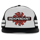Introducing the FA x Indy Independent Spiral Black White Trucker Hat Snapback—a classic snapback hat featuring bold INDEPENDENT lettering on the front above a red spiked cross graphic. Two white stripes run down each side of the front panel, giving this black and white trucker hat its signature striking and timeless style.