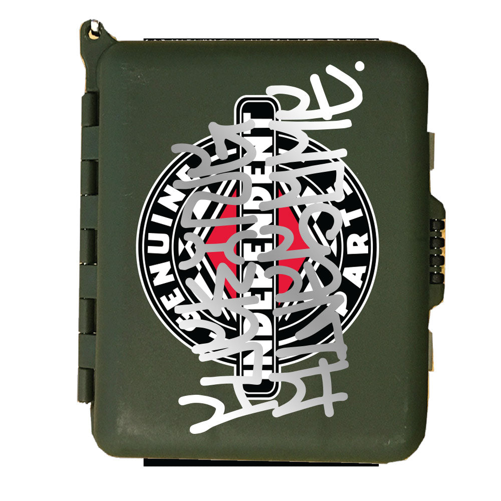 A FA x Indy Spare Parts Kit Army Green Accessory case featuring a black-and-white circular Genuine Independent Art sticker, adorned with silver and red graffiti-style writing.