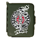 A FA x Indy Spare Parts Kit Army Green Accessory case featuring a black-and-white circular Genuine Independent Art sticker, adorned with silver and red graffiti-style writing.