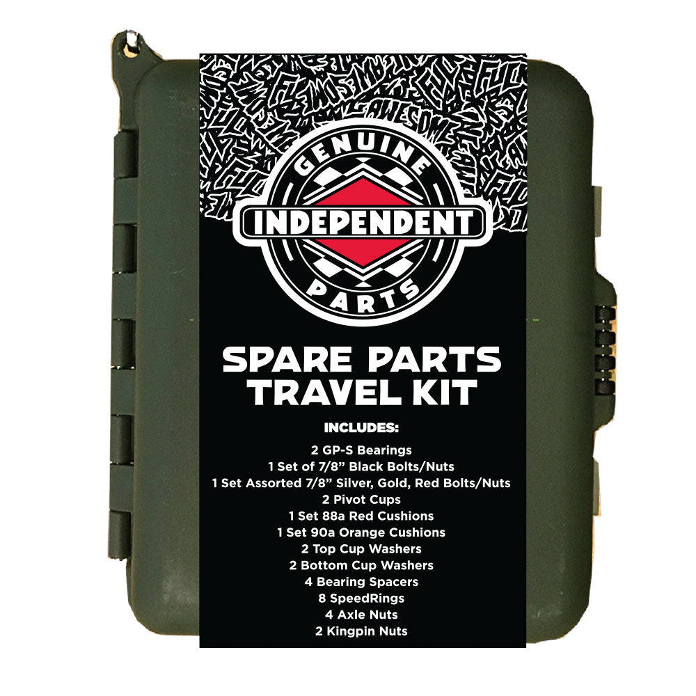 FA x Indy Spare Parts Kit Army Green Accessory: An army green travel kit featuring a black and white label, containing skateboard hardware such as bearings, bolts, pivot cups, cushions, axle nuts, kingpin nuts, washers, and speed rings.