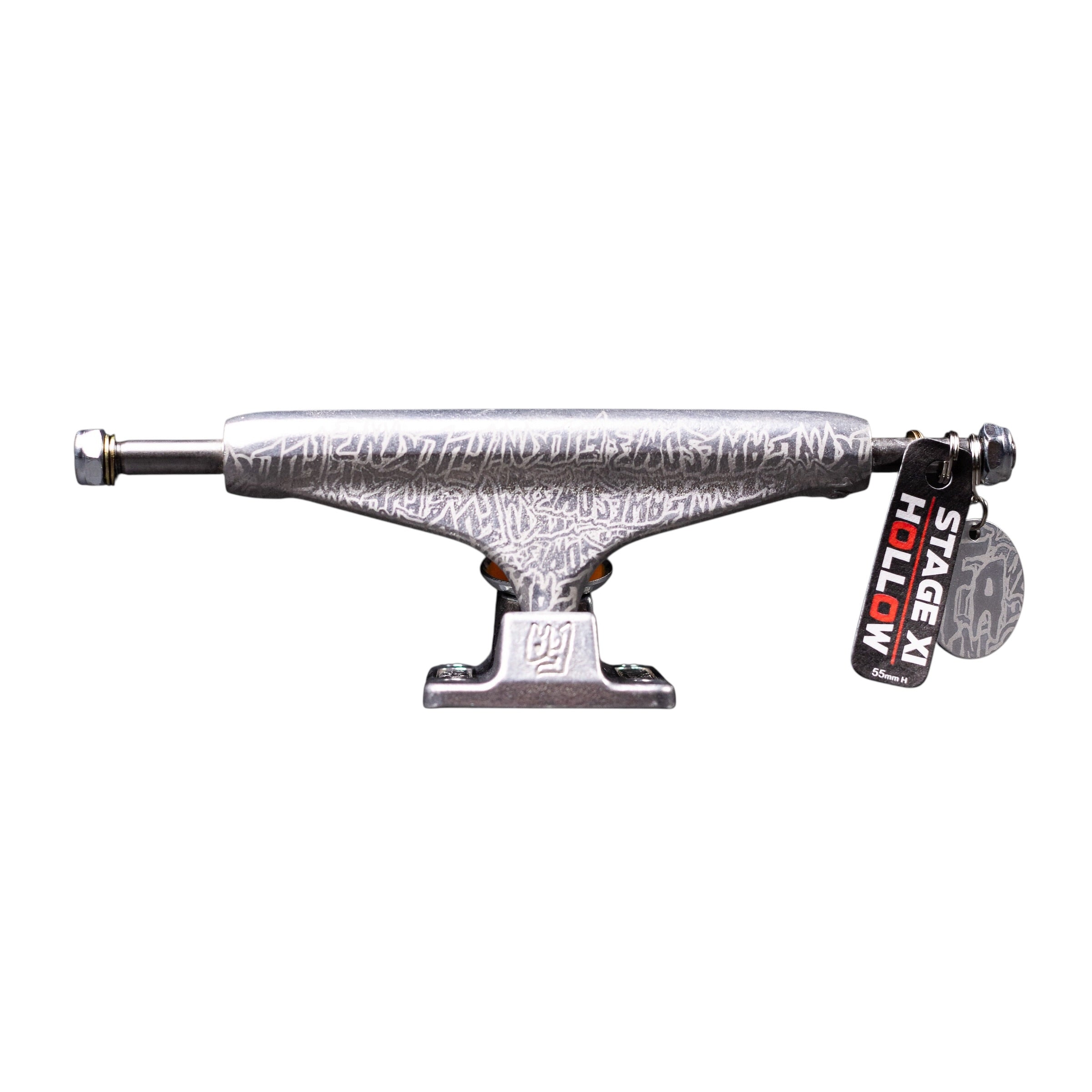 A silver skateboard truck with textured engravings, displayed horizontally. Attached to it is a black and red tag that reads "FA x INDY 169 Hollow Polished Burnt Logo Stage 11," showcasing its likeness to the iconic Independent 169 skateboard trucks from the legendary Stage 11 series, available as a set of two.