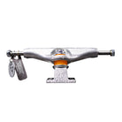 The FA x INDY 169 Hollow Polished Burnt Logo Stage 11 Trucks Set of TWO is shown against a white background, featuring a polished silver finish with engraved burnt logos, orange bushings, and attached metal tags. These high-quality Stage 11 skateboard trucks combine durability and distinctive style for your setup.