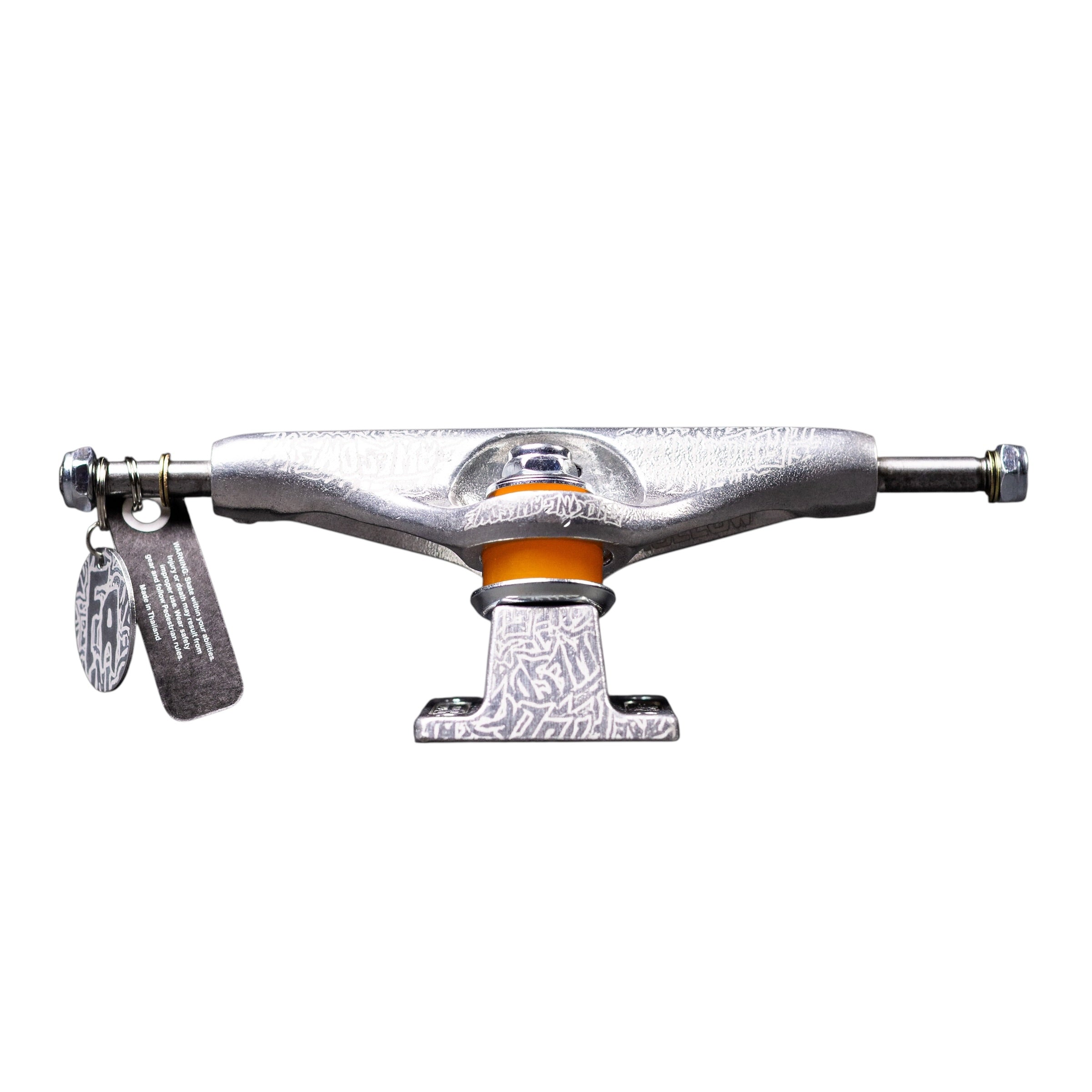 The FA x INDY 169 Hollow Polished Burnt Logo Stage 11 Trucks Set of TWO is shown against a white background, featuring a polished silver finish with engraved burnt logos, orange bushings, and attached metal tags. These high-quality Stage 11 skateboard trucks combine durability and distinctive style for your setup.