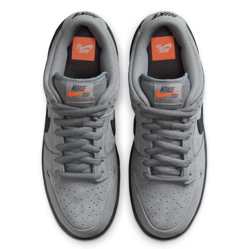 Top view of FJ1674002 Cool Grey Black Nike SB Dunk Low Pro Suede Shoes featuring gray suede, black swooshes, gray laces, perforated toe boxes, and orange Nike SB logo tongue labels—ideal for classic sneaker fans.