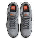 Top view of FJ1674002 Cool Grey Black Nike SB Dunk Low Pro Suede Shoes featuring gray suede, black swooshes, gray laces, perforated toe boxes, and orange Nike SB logo tongue labels—ideal for classic sneaker fans.