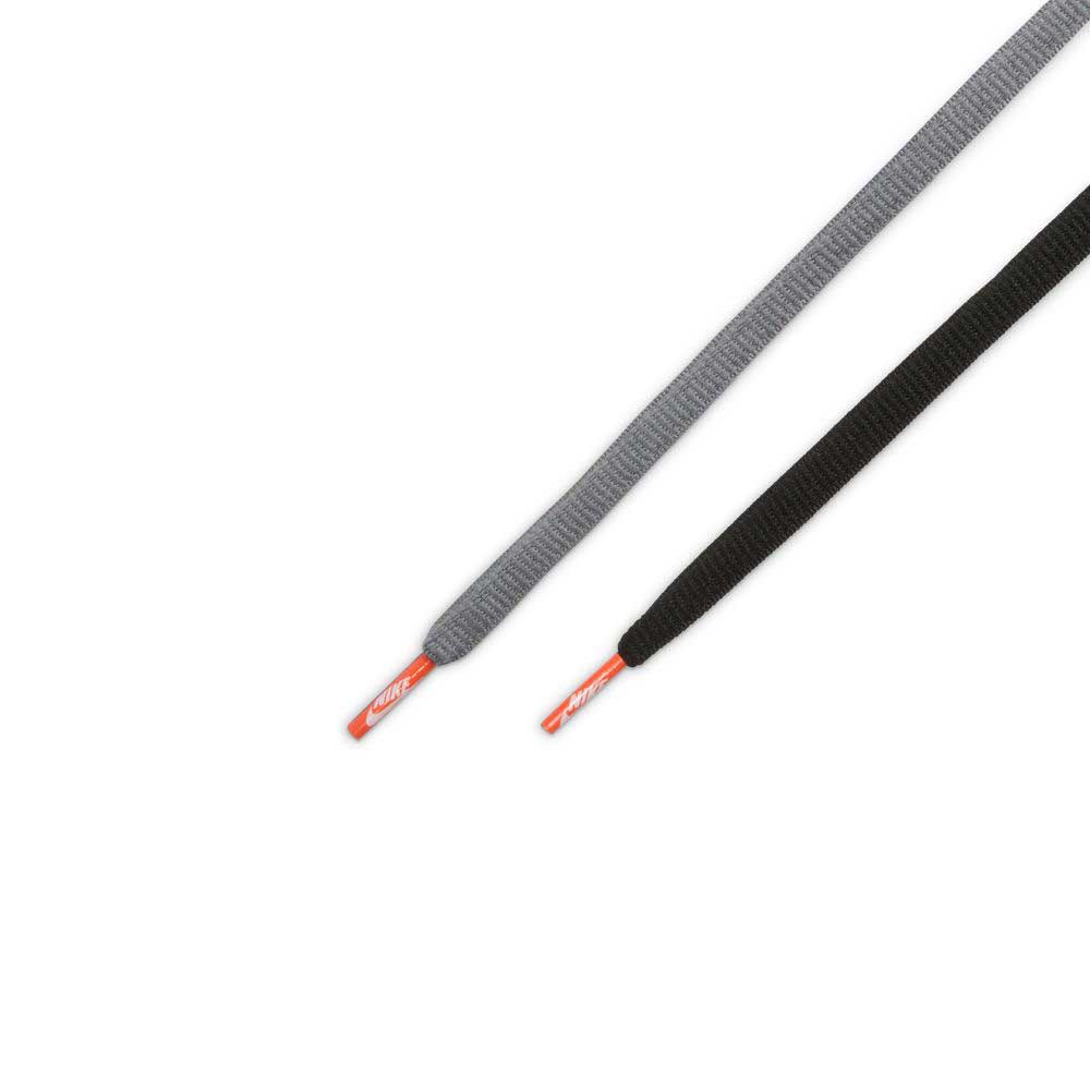 Two shoelaces—one grey, one black with orange tips—are diagonally displayed on a white background, perfect replacements for your FJ1674002 Cool Grey Black Nike SB Dunk Low Pro Suede Shoes.