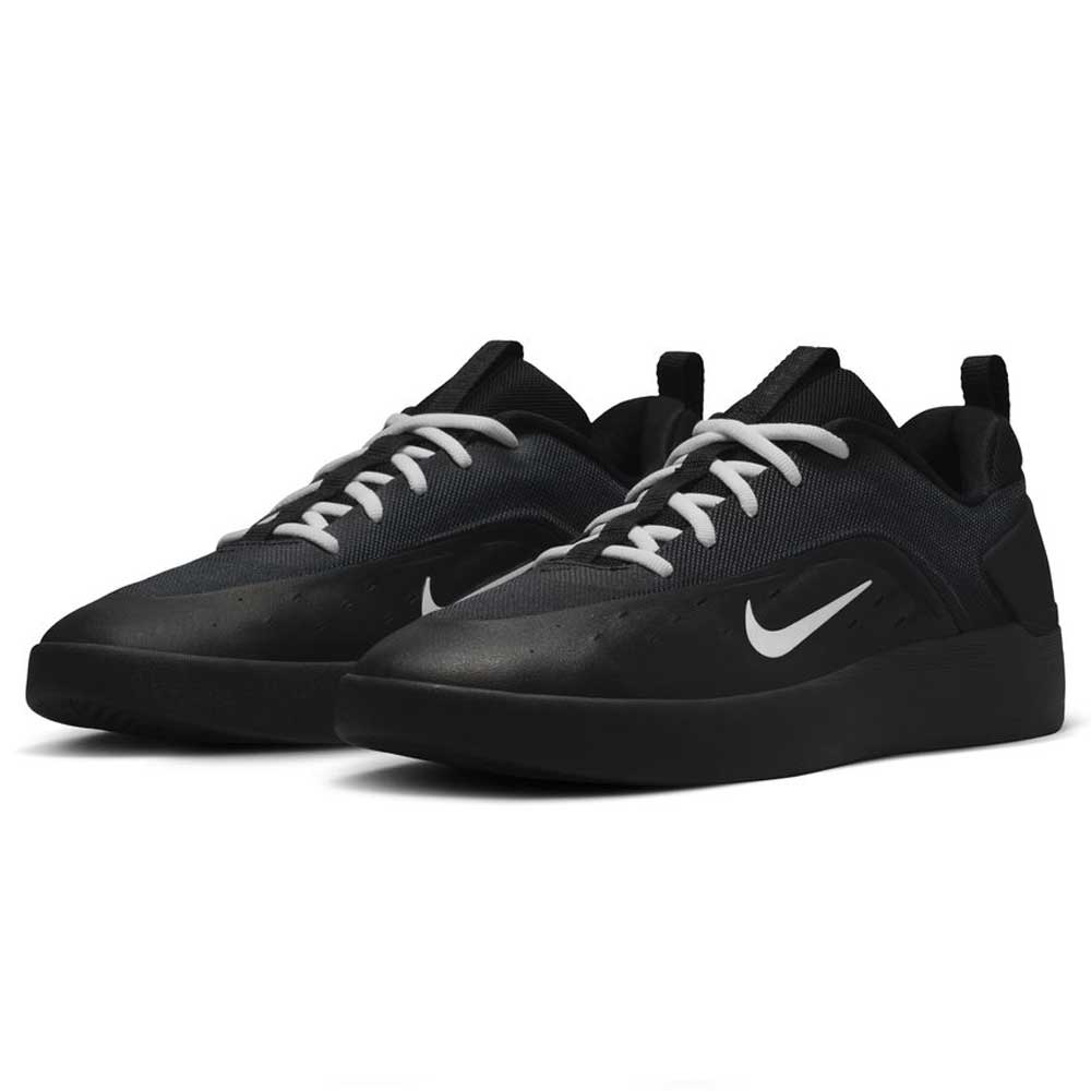 A pair of Nike SB Zoom Nyjah 4 skateboarding shoes (FQ1273002) in black and white, featuring a reinforced mesh upper and white swoosh logos, displayed from the front against a plain white background.