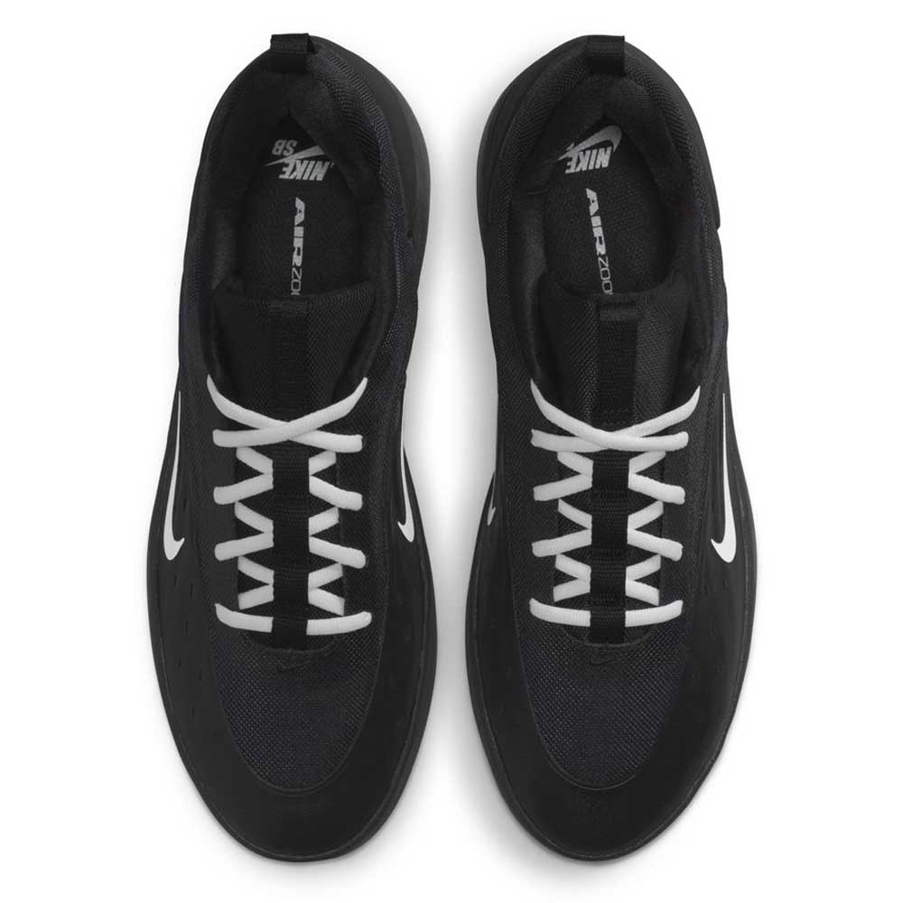 Top view of a pair of FQ1273002 Black White Zoom Nyjah 4 Nike SB Skateboarding Shoes featuring white laces, white side swooshes, and a reinforced mesh upper for enhanced durability.