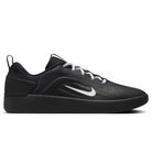The FQ1273002 Black White Zoom Nyjah 4 Nike SB Skateboarding Shoe features a black mesh upper, white swoosh logo, white laces, and a black sole, displayed in side profile against a white background.