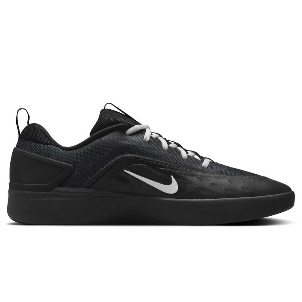 The FQ1273-002 Black White Zoom Nyjah 4 Nike SB Skateboarding Shoes feature a reinforced mesh upper, white swoosh, white laces, black sole, and mesh details, displayed in side profile on a plain white background.