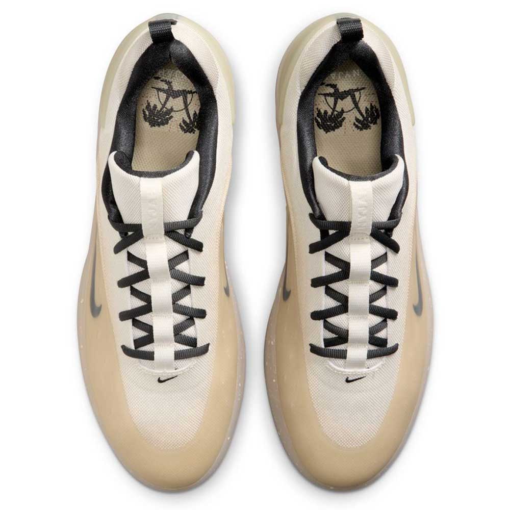 A top-down view of FQ1273200 Khaki White Zoom Nyjah 4 Nike SB Skateboarding Shoes, featuring beige and white tones, black laces and lining, black swoosh logos on the sides, and a reinforced mesh upper for extra durability.