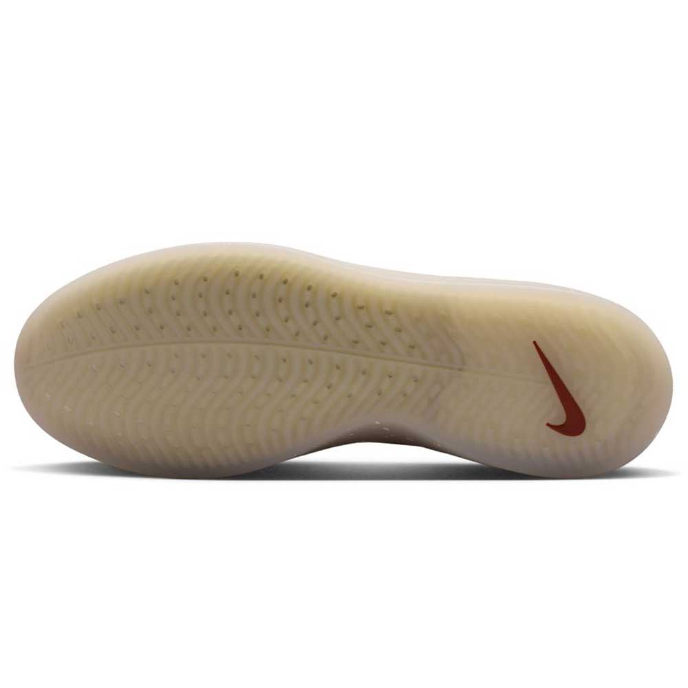 The image shows the outsole of the FQ1273200 Khaki White Zoom Nyjah 4 Nike SB Skateboarding Shoe, featuring a translucent HART outsole with a subtle wave-like tread pattern and a red Nike Swoosh logo near the heel.