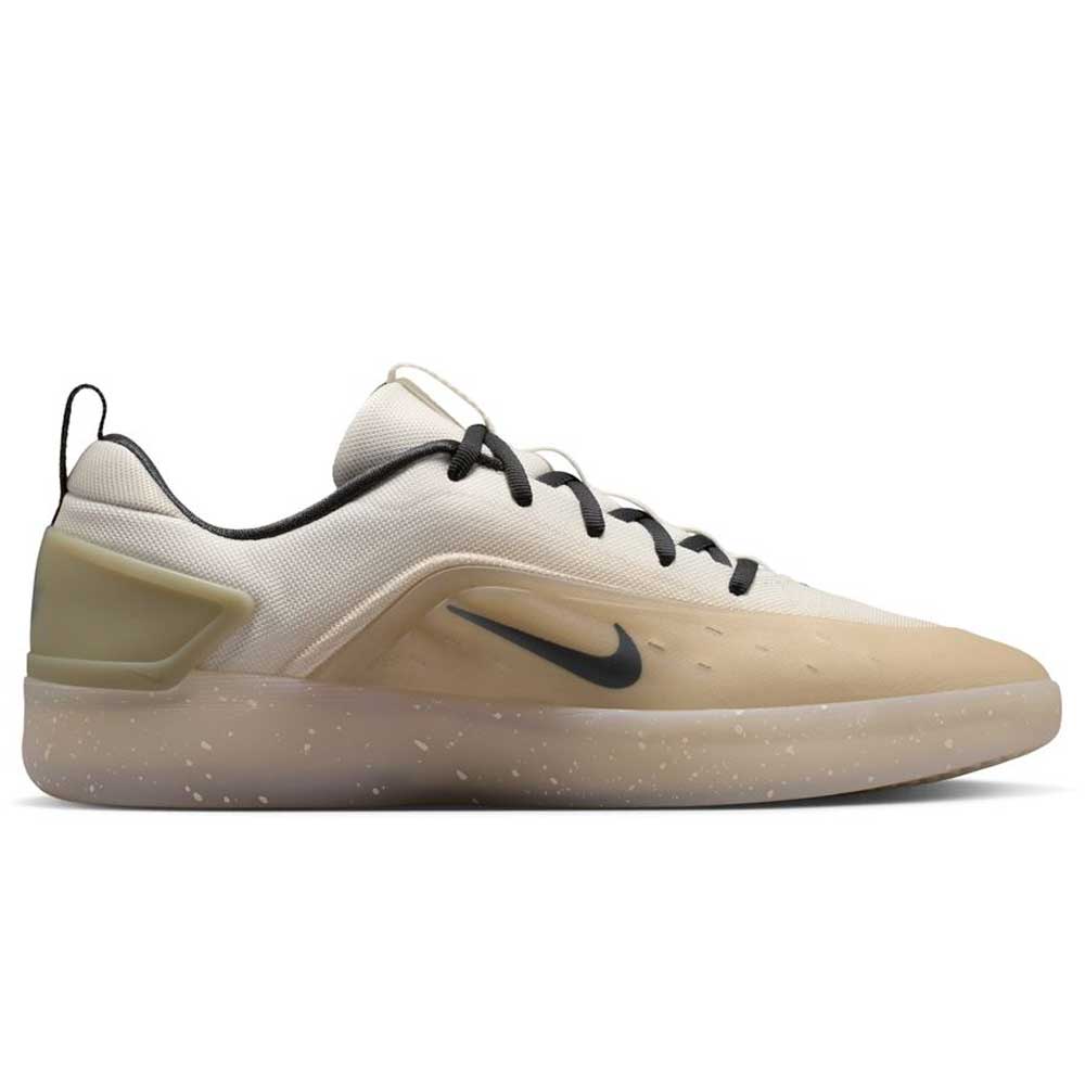 The FQ1273-200 Khaki White Zoom Nyjah 4 Nike SB Skateboarding Shoes feature a beige and white design with a black swoosh, black laces, speckled beige sole, Air Zoom cushioning, reinforced mesh upper, and heel pull tab.