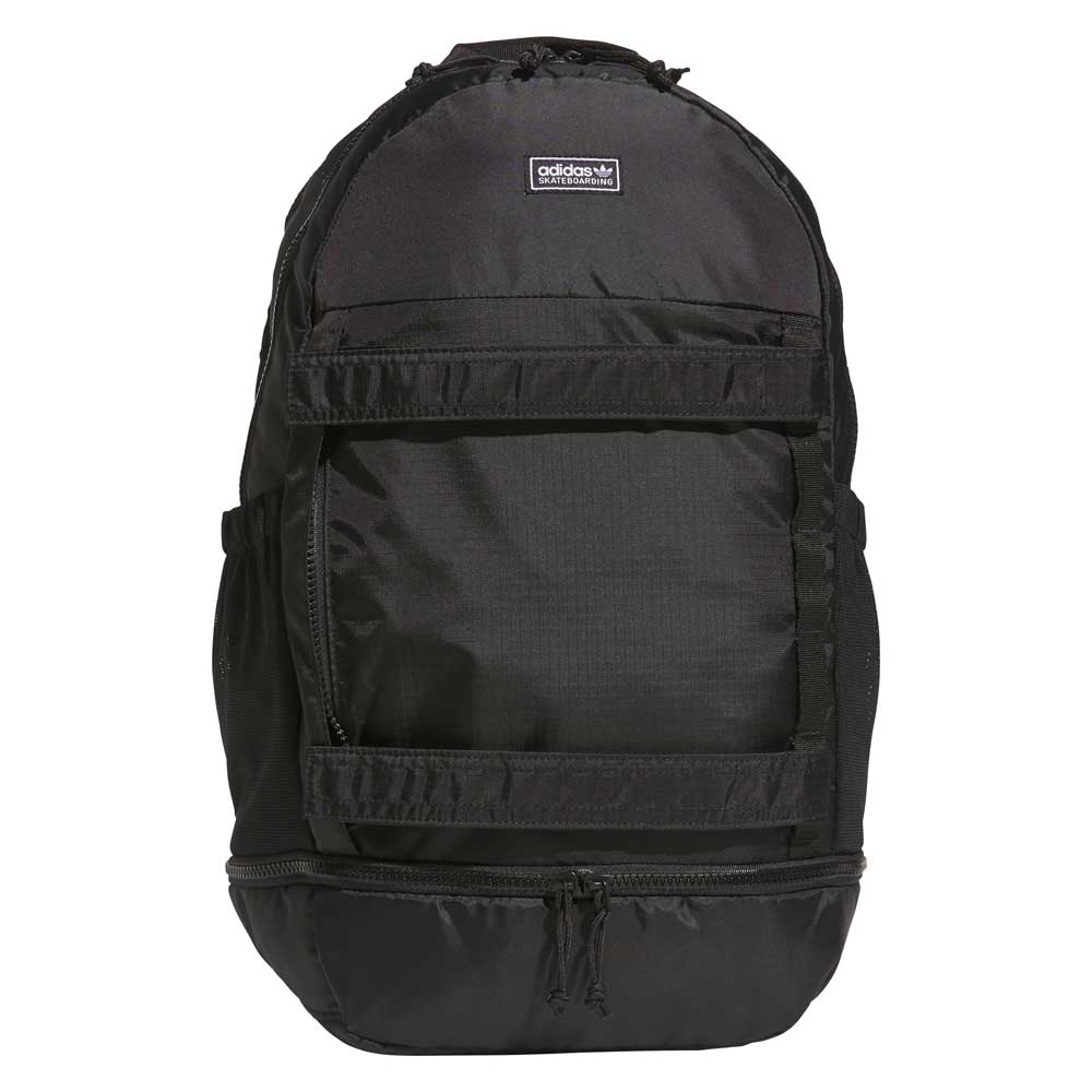 A black FSBS Backpack KS6814 from adidas Skateboarding featuring a small logo patch near the top, two horizontal front straps, a spacious zippered main pocket, and an extra zippered compartment at the bottom—ideal for everyday use or carrying your skateboarding essentials.