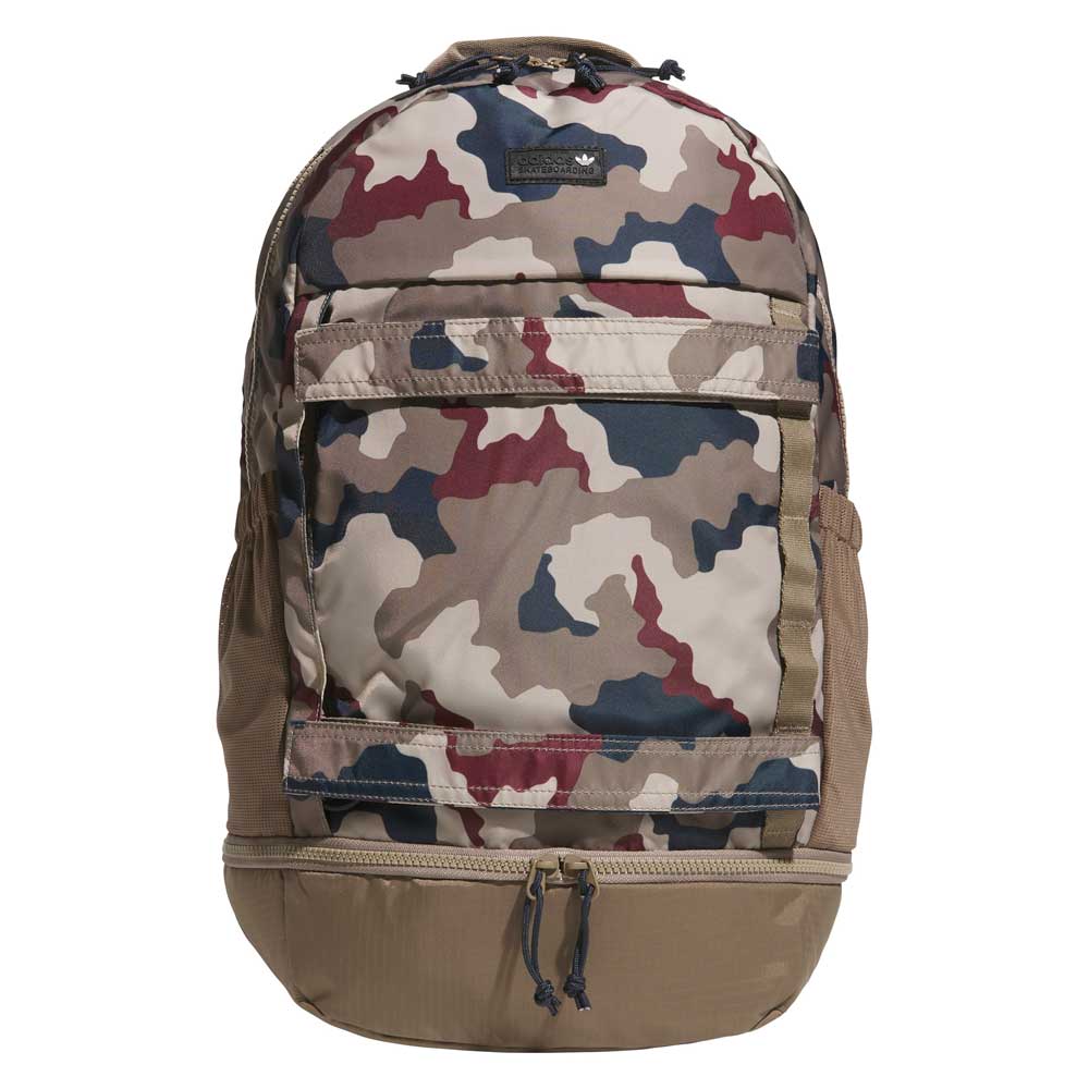 FSBS Backpack KS6815 Khaki Camo Adidas Skateboarding featuring a camouflage pattern in tan, brown, green, and maroon with multiple zippered compartments and a small black logo patch near the top.