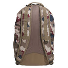 The FSBS Backpack KS6815 Khaki Camo by Adidas Skateboarding is shown from the back, featuring a camouflage pattern, padded shoulder straps, a top handle, ventilation mesh, and tan base and accents.