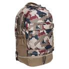 A FSBS Backpack KS6815 Khaki Camo by adidas Skateboarding featuring a camouflage pattern in tan, brown, blue, and burgundy hues, equipped with multiple zippered compartments, a front pocket, and a side mesh pocket.